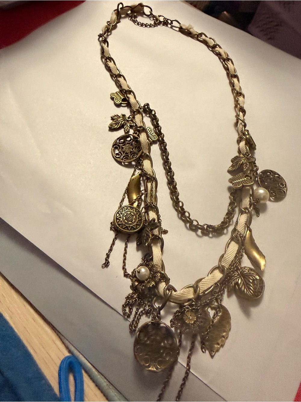 Antique Gold Tone Boho Charm Statement Necklace Cream Ribbon 26”